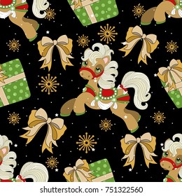 Holiday seamless pattern with Christmas unicorn and festive elements. Vector illustration.