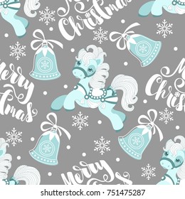 Holiday seamless pattern with Christmas unicorn and festive elements. Vector illustration.