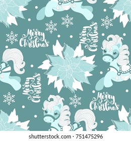 Holiday seamless pattern with Christmas unicorn and festive elements. Vector illustration.