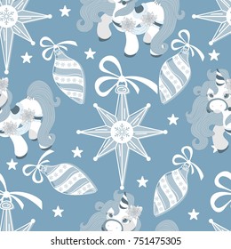 Holiday seamless pattern with Christmas unicorn and festive elements. Vector illustration.
