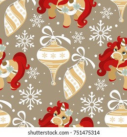 Holiday seamless pattern with Christmas unicorn and festive elements. Vector illustration.