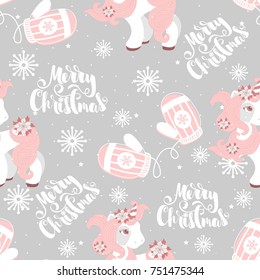 Holiday seamless pattern with Christmas unicorn and festive elements. Vector illustration.