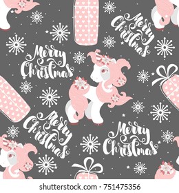 Holiday seamless pattern with Christmas unicorn and festive elements. Vector illustration.
