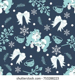 Holiday seamless pattern with Christmas unicorn and festive elements. Vector illustration.