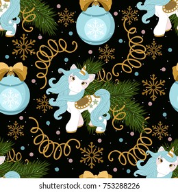 Holiday seamless pattern with Christmas unicorn and festive elements. Vector illustration.
