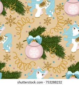 Holiday seamless pattern with Christmas unicorn and festive elements. Vector illustration.