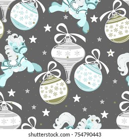 Holiday seamless pattern with Christmas unicorn and festive elements. Vector illustration.
