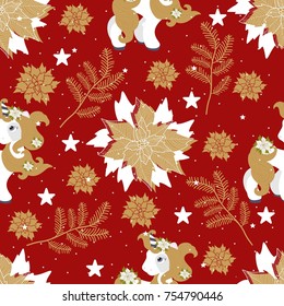 Holiday seamless pattern with Christmas unicorn and festive elements. Vector illustration.