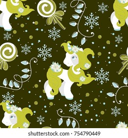 Holiday seamless pattern with Christmas unicorn and festive elements. Vector illustration.