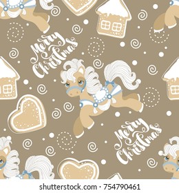 Holiday seamless pattern with Christmas unicorn and festive elements. Vector illustration.