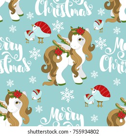Holiday seamless pattern with Christmas unicorn and festive elements. Vector illustration.