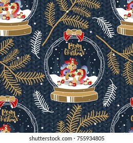 Holiday seamless pattern with Christmas unicorn and festive elements. Vector illustration.