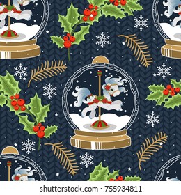 Holiday seamless pattern with Christmas unicorn and festive elements. Vector illustration.
