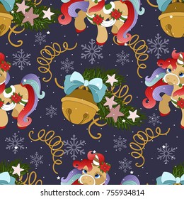 Holiday seamless pattern with Christmas unicorn and festive elements. Vector illustration.