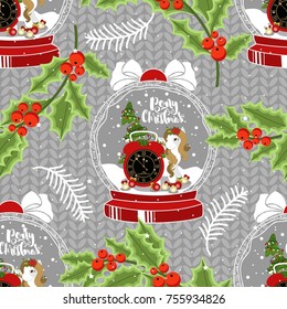Holiday seamless pattern with Christmas unicorn and festive elements. Vector illustration.