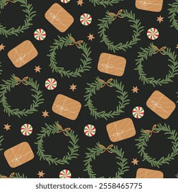 Holiday seamless pattern with Christmas wreath, candies, gift boxes isolated on dark background.