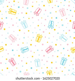 Holiday seamless pattern. Colorful background with ornate gift box and dots. Endless texture for wallpaper, web page, wrapping paper and etc. Retro style. 