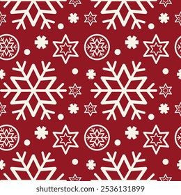 Holiday seamless pattern with cozy Christmas elements, snowflakes, Snowball, Star, festive decorations on a red background. Perfect for greeting cards, wallpapers, and cheerful seasonal decor