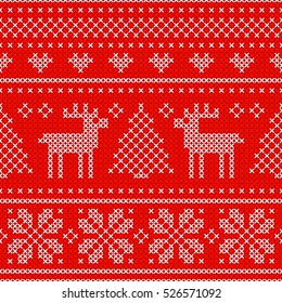 Holiday seamless pattern with cross stitch embroidered happy new year ornament (heart, snowflake). White on red. Christmas scheme endless design for package, web sites, textile. Vector illustration.