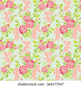 Holiday Seamless pattern with cute angels and pink roses flowers. Background for Happy Valentines Day, wedding vintage design.