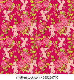 Holiday Seamless pattern with cute angels and pink roses flowers. Background for Happy Valentines Day, wedding vintage design.