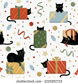 Holiday seamless pattern with cute black cats and wrapping gift boxes. Cat playing with ribbon, hiding behind the box, sitting on the top. Vector illustration