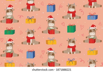 Holiday seamless pattern with cute bulls. gift boxes and hearts. Chinese year of Ox 2021. Christmas and new year vector background.