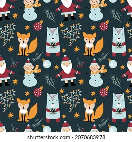 Holiday seamless pattern with cute cartoon characters and сhristmas decoration. Vector Illustration with Santa Claus, snowman, fox and polar bear. Christmas holiday childish background