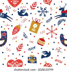 Holiday Seamless Pattern with with cute Christmas elements isolated on white background. Xmas winter poster collection