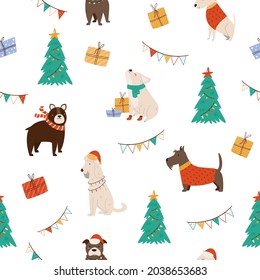 Holiday seamless pattern with cute Christmas dogs in clothing. Vector design for wrapping paper, fabric, gift boxes