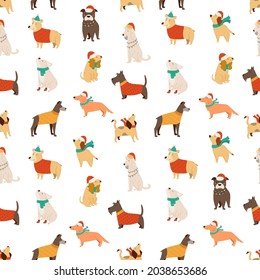 Holiday seamless pattern with cute Christmas dogs in clothing. Vector design for wrapping paper, fabric, gift boxes