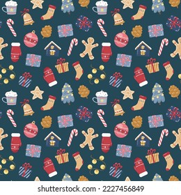 Holiday seamless pattern with cute Christmas elements, funny winter background. Funny gifts, candies and Christmas tree