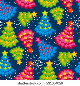 Holiday seamless pattern with cute Christmas tree. Xmas little decorated trees on deep blue background. Snow and ornamented tree repeatable motif for background