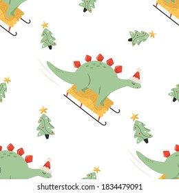 Holiday seamless pattern with cute dinos having fun at sledge. Christmas background for different designs. Winter vector illustration
