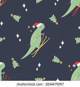 Holiday seamless pattern with cute dinos having fun at ski. Christmas background for different designs. Winter vector illustration