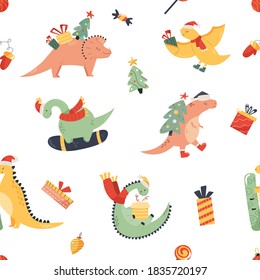 Patrón inmaculado de vacaciones con adorables dinos y elementos decorativos de estilo plano. Fondo de Navidad para tarjetas de felicitación, ropa, papel de envoltura, decoraciones