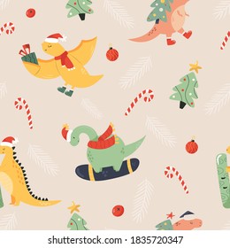 Holiday seamless pattern with cute dinos and decorative elements in a flat style. Christmas background for greeting cards, clothing, wrapping paper, decorations