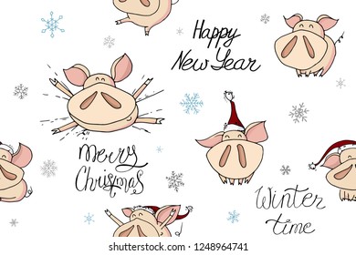 Holiday seamless pattern of cute doodle christmas characters in santa hats. Funny piggies - symbol of 2019 year. Christmas and new year lettering calligraphy. Hand drawn illustration. Festive card.