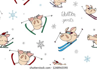 Holiday seamless pattern of cute doodle christmas characters in santa hats. Funny piggies - symbol of 2019 year. Christmas and new year lettering calligraphy. Hand drawn illustration. Festive card.