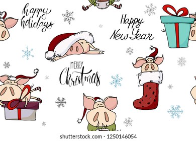 Holiday seamless pattern of cute doodle christmas characters in santa hats. Funny piggies - symbol of 2019 year. Christmas and new year lettering calligraphy. Hand drawn illustration. Festive card.