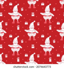 Holiday Seamless pattern with cute Santa Claus and gift boxes on red background. Vector Christmas doodle pattern.