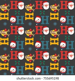 Holiday seamless pattern. Cute Santa Claus, reindeer, snowman. Fancy letters. Christmas fun text Ho-Ho-Ho cartoon. Vector template for winter season wrapping print, web design background, wallpaper
