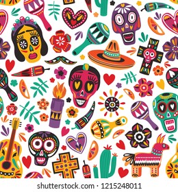 Holiday seamless pattern decorated by Mexican skulls, pepper, pinata, cross, candle, maracas, guitar, sombrero, cactus on white background. Bright colored vector illustration for festive backdrop.