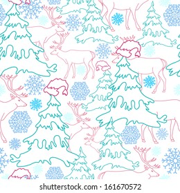 Holiday seamless pattern with deer and Christmas tree