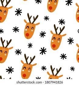 holiday seamless pattern with deer, decorative elements. Colorful vector, flat style. hand drawing. design for fabric, print, wrapper
