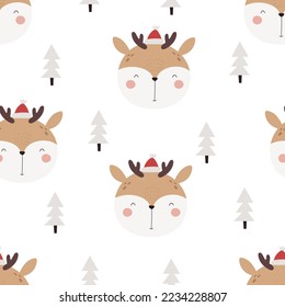 holiday seamless pattern with deer, decorative elements. Merry Christmas. Colorful vector, flat style. design for fabric, print, wrapper