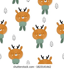 holiday seamless pattern with deer. Merry Christmas. Colorful vector, flat style. design for fabric, print, wrapper
