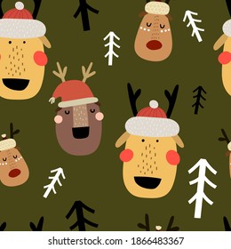 
holiday seamless pattern with deer, trees on a neutral background. Merry Christmas. Colorful vector, flat style. design for fabric, print, wrapper
