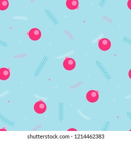 Holiday seamless pattern design with pink christmas balls and blue fir branches