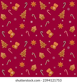 Holiday seamless pattern with different christmas gingerbread. Christmas tree, star, sock, candy, house. Vector illustration on a red background with snowflakes. For wrapping, textile, seasonal decor.